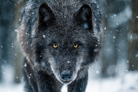 A fierce ebony-coated canine with luminous amber eyes strides through a snowy woodland, its thick...