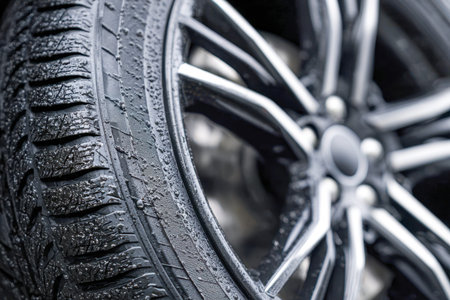 A close-up of a glistening black tire covered in tiny water droplets, highlighting its intricate...