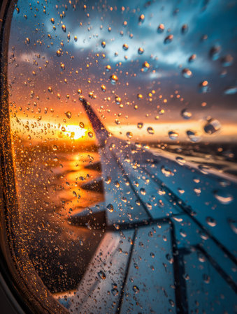 A moody evening sky envelopes the scene as window droplets mirror fiery oranges and cool blues,...