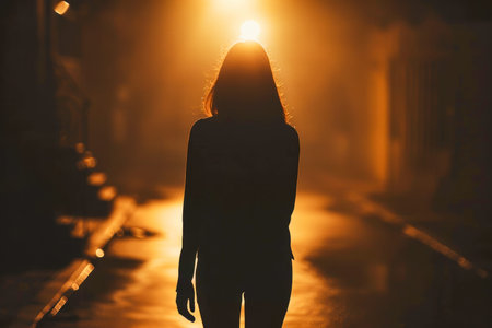 Silhouette of woman walking alone at night, fearful of stalker, insecurity concept