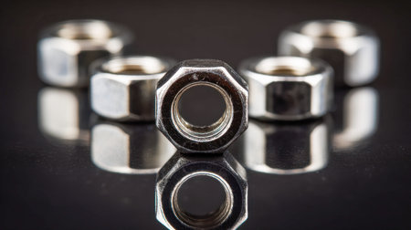 Polished steel fasteners positioned on a glossy black backdrop, highlighting the central piece with...