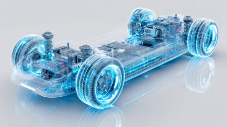 A sleek, high-tech framework revealing intricate electrical systems and mechanical parts in luminous...