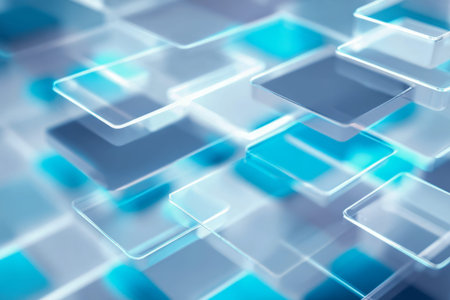 A sleek, high-tech backdrop featuring overlapping blue and transparent squares arranged in a layered...