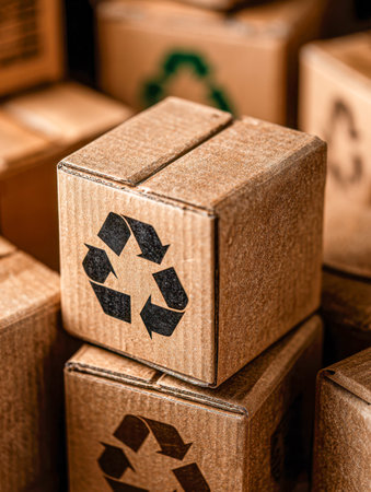 An orderly stack of recycled cardboard containers adorned with diverse eco-friendly symbols,...