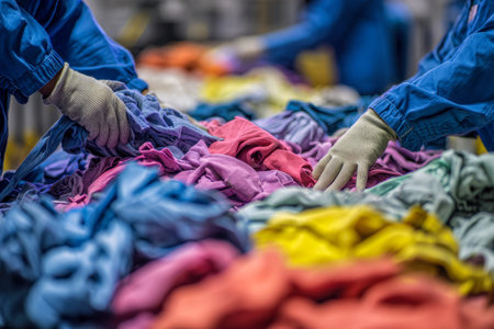 Dedicated staff in safety gear organizes a vivid array of fabrics, demonstrating sustainable...