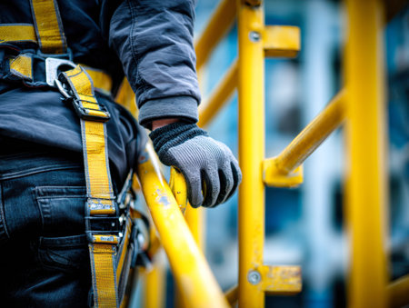 A construction professional secure in their gear, firmly grasping a vibrant yellow barrier amid an...