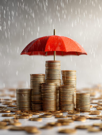 A mound of shimmering gold coins sheltered beneath a vibrant red umbrella, illustrating safeguarding...