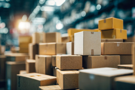 Piled cardboard containers of different dimensions sit neatly in a warehouse, illuminated brightly,...