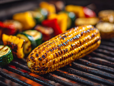 Juicy corn and vibrant vegetables sizzle over an open flame, creating a lively summer feast scene...