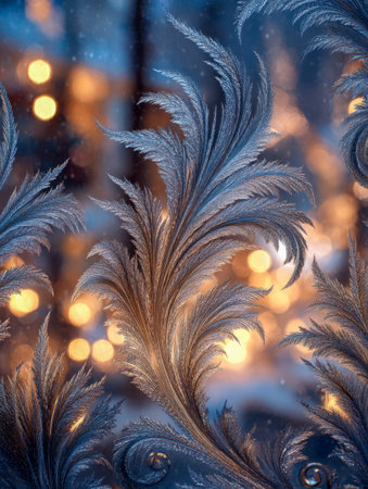 Delicate ice crystals form lace-like motifs across glass, illuminated by gentle, flickering warm lights that evoke a tranquil winter evening indoors.の写真素材