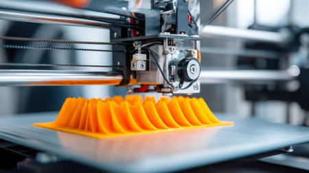A sleek 3d printer crafts a vivid orange, complex wave design directly onto a smooth surface, set in...