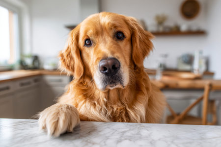 A calm golden retriever gazes softly, its paw gently placed on a sleek marble surface, illuminated by warm natural light in a inviting, contemporary kitchen setting.の写真素材