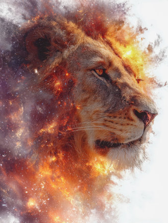 A regal lion's visage blends effortlessly with blazing cosmic flames and shimmering star clusters,...