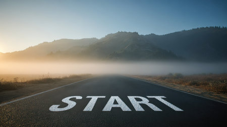 A fresh path emerges at dawn, stretching toward serene mountains shrouded in morning mist, inviting explorers to embrace new adventures in nature's embrace.の写真素材