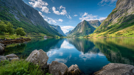 A peaceful wilderness scene featuring a pristine lake mirroring the vibrant landscape, framed by...