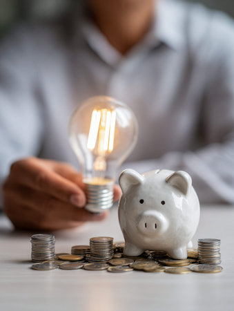 A person clutching an illuminated bulb beside a sleek piggy bank and neatly arranged coins,...
