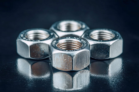 Sleek, silver hexagonal fasteners with intricate threading sit on a glossy dark backdrop,...
