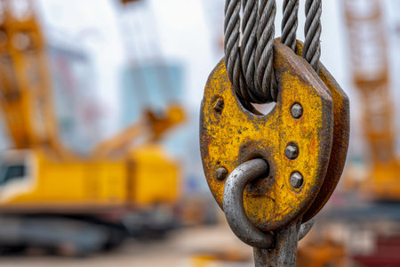 A rugged steel pulley assembly, featuring a distressed yellow metal part, anchors heavy loads amidst...