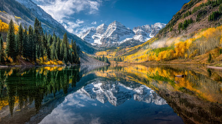 Calm waters mirror vibrant autumn foliage and towering snowy summits beneath a pristine azure sky,...