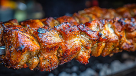 Succulent, flavorful meat chunks spin over glowing coals, emitting smoky aroma as they cook evenly,...