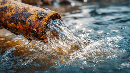 A weathered metal conduit releases a gentle flow of water, creating shimmering ripples and rising bubbles that dance under bright sunlight near a serene lake.の写真素材