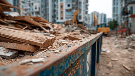 A weathered, corroded container brimming with broken wood and demolition debris, set against a blurred backdrop of nearby residential structures in an urban clearance zonの写真素材
