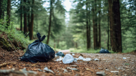 Discarded plastic sacks and scattered rubbish mar the serenity of a woodland trail, highlighting the...