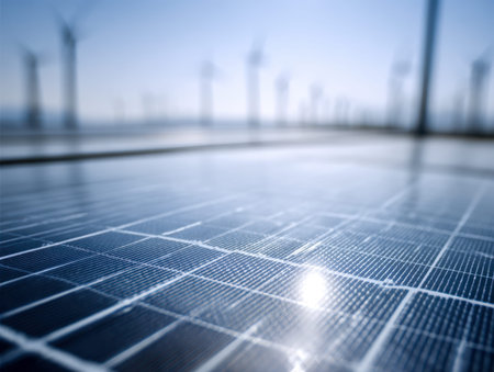 Sunlit panels in a sustainable energy site reflect the sky's brightness, with soft-focused wind...