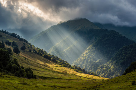Golden sunlight filters through turbulent skies, casting warm glows over vibrant valleys and shadowed forested peaks in a peaceful wilderness setting.の写真素材