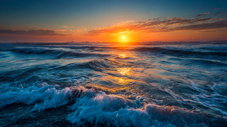 A lively dawn illuminates the sea with radiant hues, where gentle waves caress the shore beneath...
