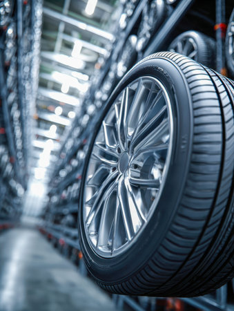 A sleek lineup of fresh tires featuring polished alloy rims, showcased in a contemporary storage...