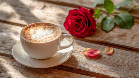 An inviting scene featuring a frothy cappuccino with delicate heart foam, set beside a bright red rose and scattered petals, all arranged on a rustic wooden surface batheの写真素材