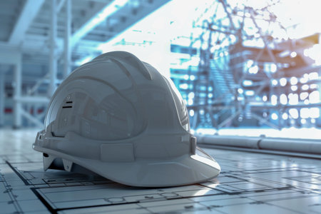 3d rendering and blueprint concept of hard hat with architectural structures background