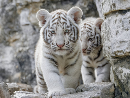 Innocent cubs with gentle white coats investigate rugged surroundings, their intense gazes blending...