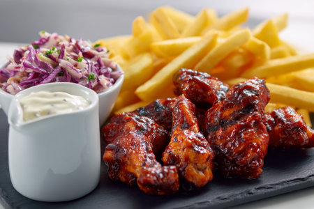 Juicy, smoky chicken wings glisten under tender char marks, nestled alongside crunchy fries, a...