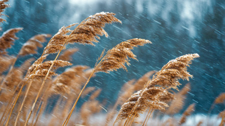 Wispy golden reeds sway softly amidst a quiet winter snowfall, set against a tranquil, blurred blue...
