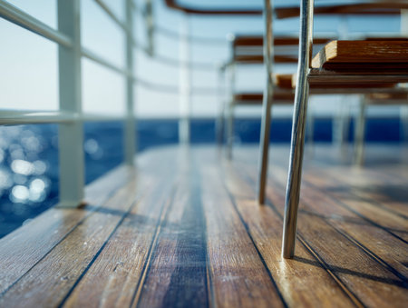 Sunlit wooden planks paired with sleek metal supports form a tranquil yacht deck, where shimmering...