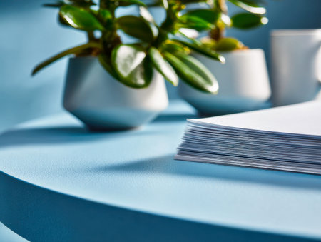 A tidy arrangement of crisp white pages rests on a vibrant, textured blue surface, complemented by a...
