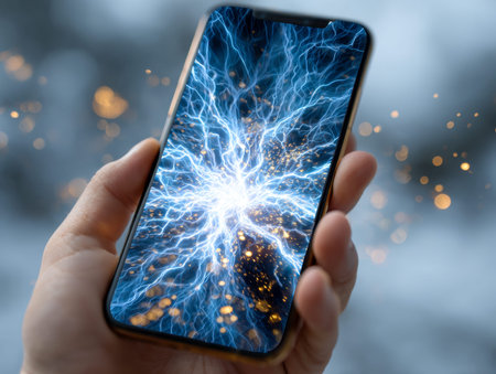 A hand grips a sleek device radiating vivid blue lightning-like currents and sparks, symbolizing...