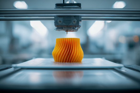 A cutting-edge additive manufacturing technique shapes a striking orange vessel featuring intricate...