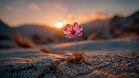 A gentle pink blossom emerges bravely amid rugged stones, bathed in golden twilight, with tranquil...