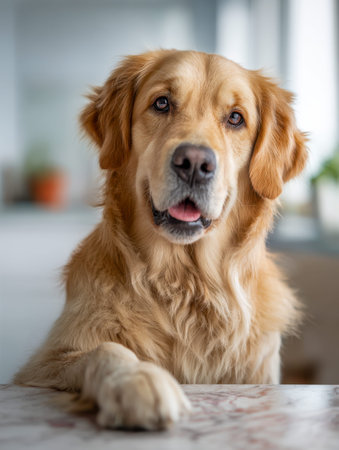 A gentle golden retriever sits attentively beside a table, gaze fixed with curious, focused eyes and...