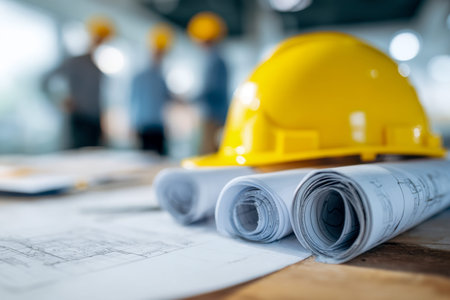 A bright yellow helmet sits atop a rustic wooden surface, with carefully rolled blueprints nearby,...