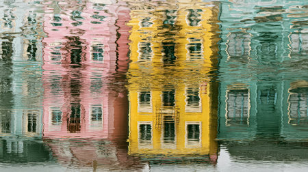 A lively cityscape shimmered on a water surface, blending soft pastel shades with intricate structures, forming a dynamic and artistic urban mirror image.の写真素材