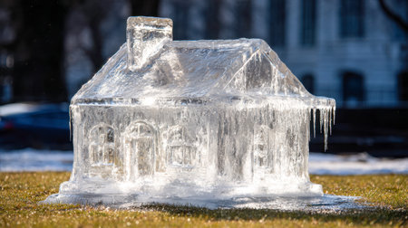 A delicate, glass-like miniature house carved from ice, adorned with dangling icicles, set on fresh...