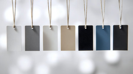An arrangement of seven minimalist hang tags in muted tones, gracefully hanging from delicate...