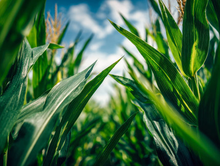 Lush, verdant foliage of corn plants stretches upward beneath a clear, sunlit sky dotted with fluffy...