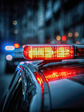 A patrol car's vibrant beacon casts a flashing glow amid the night, while city lights blur in the background, evoking a tense, vigilant urban law enforcement scene.の写真素材