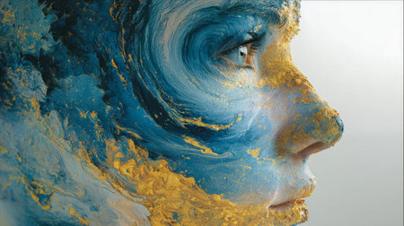 A captivating image showcasing a human face intertwined with flowing blue and shimmering gold paint patterns, evoking a sense of harmony between emotion and creativiの写真素材