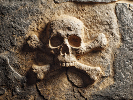 An aged relief depicting a menacing skull paired with crossbones, etched into a rugged, timeworn surface, evoking bygone eras of threat and caution.の写真素材